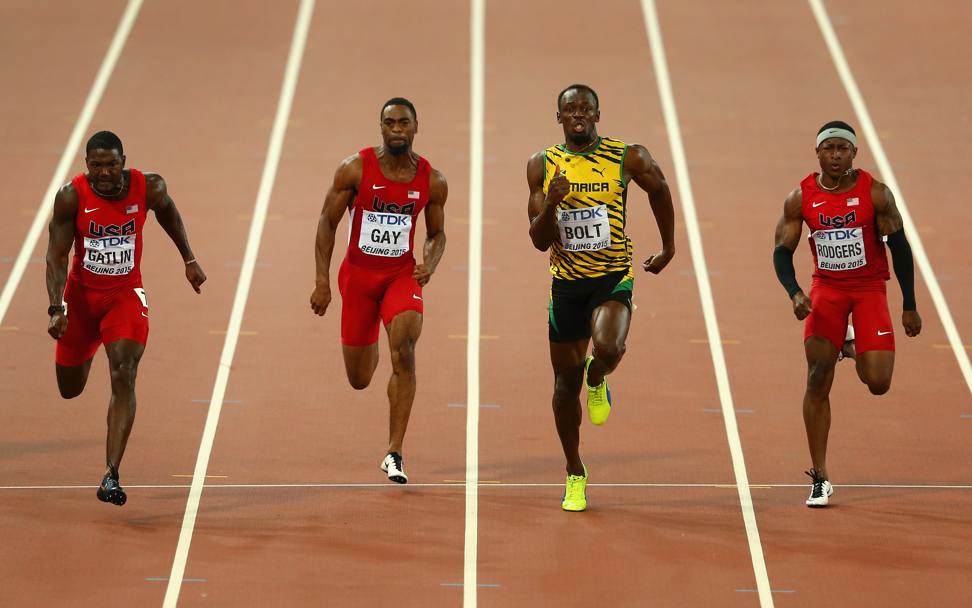 Nell&#39;ordine da sinistra: Justin Gatlin, Usa; Tyson Gay, Usa; Usain Bolt, Giamaica; Mike Rodgers, Usa (Getty Images)